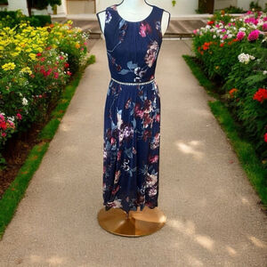 Alexa B Nites Pleated Top Floral Bejeweled Bedazzled Maxi Dress Sz 6